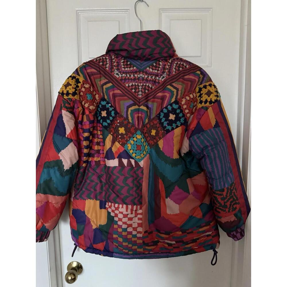 Farm Rio Women's XS Red Abstract Patches Reversible Full Zip Puffer Jacket NEW - Picture 8 of 16